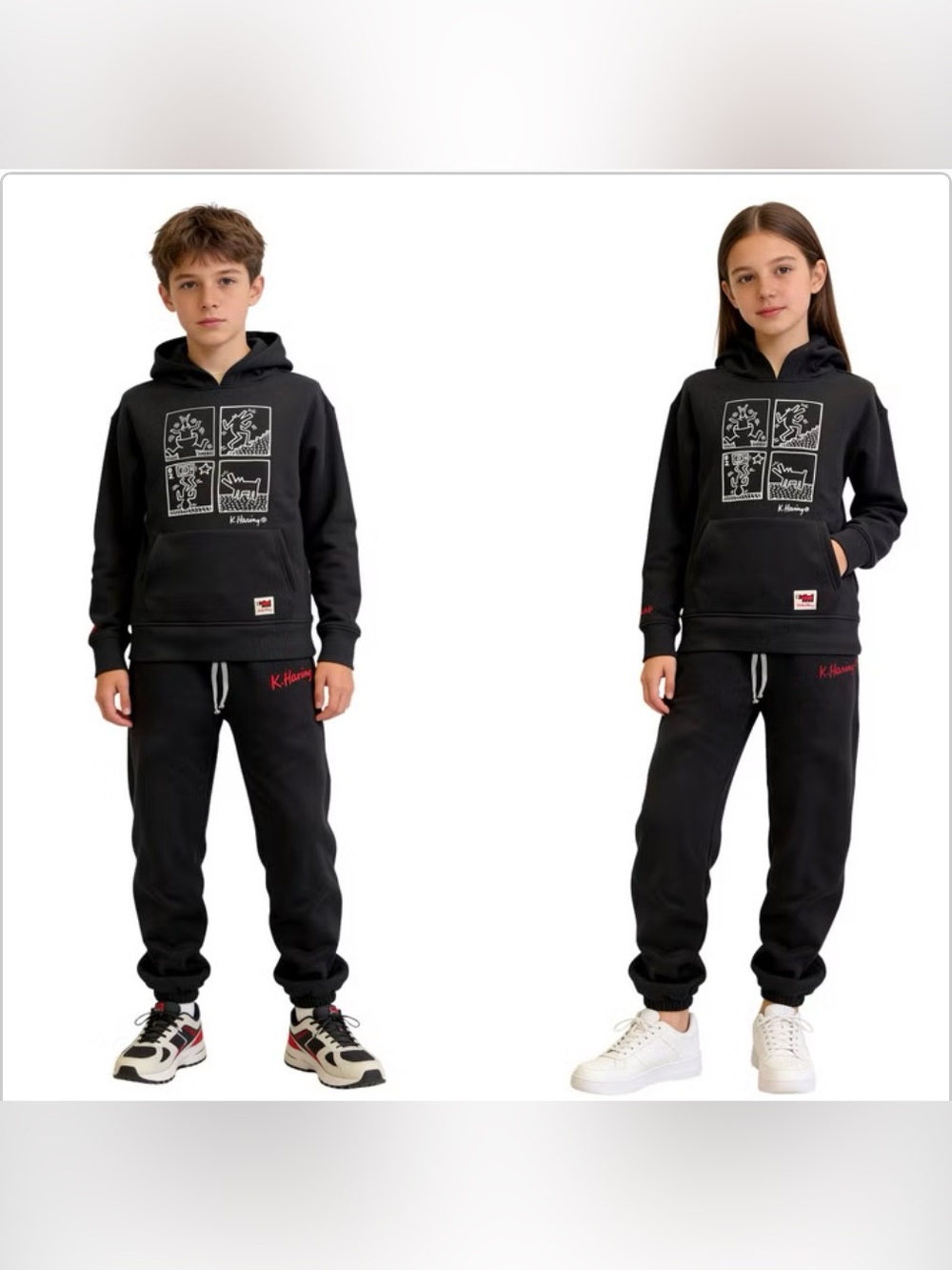 Black Graphic Unisex Kids Keith Haring Hoodie and Joggers Set